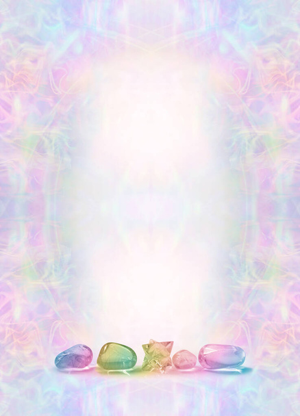 Crystal Therapy Diploma Award Certificate Price List Advert Template - pale multicoloured pattern background with four polished rainbow stones and a merkabah at bottom ideal for spiritual holistic crystal healing theme                             - Photo, Image