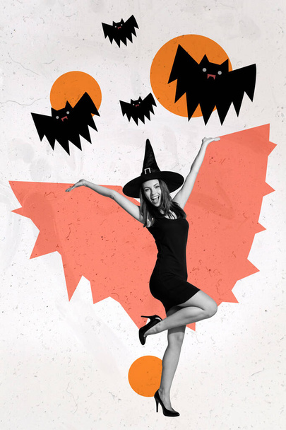 Collage photo of young attractive black dress woman halloween hat bat ghost fly isolated on white color background. - Foto, immagini