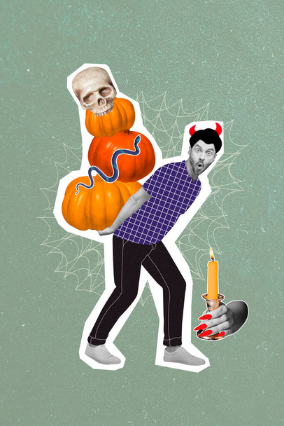 Collage 3d image of pinup pop retro sketch of impressed devil guy holding pumpkins stack isolated painting background. - Photo, Image