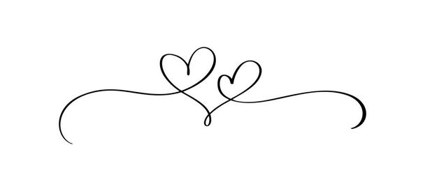 Flourish vintage vector divisor San Valentín mano dibujado caligrafía dos corazones. Caligrafía amor ilustración. Elemento de diseño de vacaciones de San Valentín. Icono de decoración para web, boda. - Vector, imagen