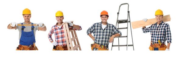 Collage with photos of carpenters on white background. Banner design - Fotó, kép