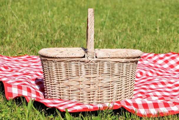 Picnic basket with checkered tablecloth on green grass outdoors - Photo, Image