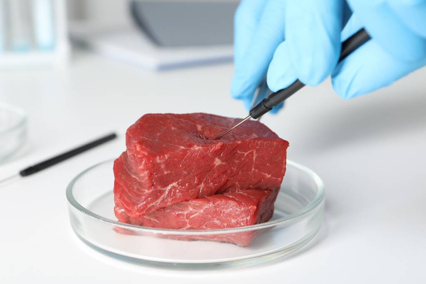 Scientist with dissecting needle examining piece of raw cultured meat at white table, closeup - Fotoğraf, Görsel