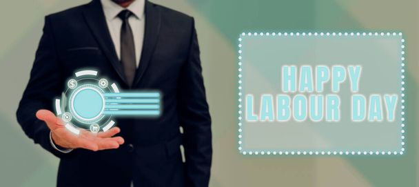 Käsiala teksti Happy Labour Dayannual holiday juhlia saavutuksia työntekijöiden, Käsitteellinen valokuva vuosiloma juhlia saavutuksia työntekijöiden - Valokuva, kuva