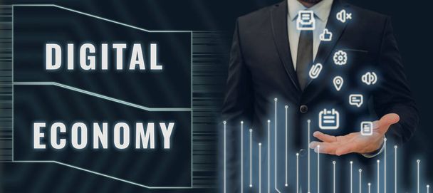 Ekonomik faaliyetler ve teknolojilerden oluşan Dijital Ekonomi Ağı, dünya çapında ekonomik faaliyetler ve teknolojilerden oluşan kavramsal fotoğraf ağını gösteren metin imzası - Fotoğraf, Görsel