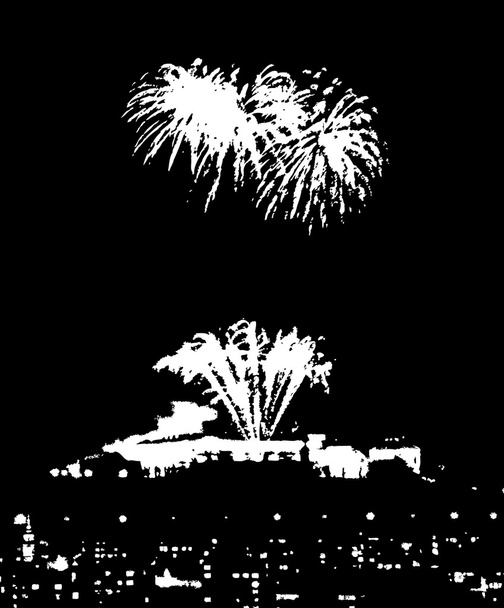 Feuerwerk über einem schwarz-weißen Stadtvektor - Vektor, Bild