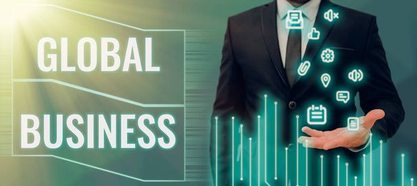 Szöveg felirat, amely bemutatja a Global BusinessTrade és üzleti rendszer egy cég csinál szerte a világon, Internet Concept Kereskedelmi és üzleti rendszer egy cég csinál szerte a világon - Fotó, kép