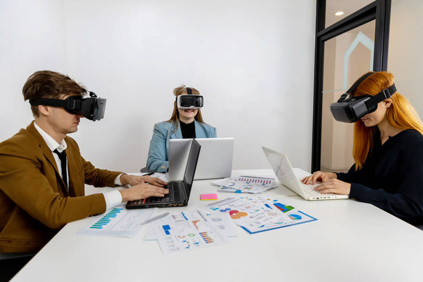 business persons with virtual reality headsets in meeting room at the office. businessperson brainstorming on a virtual 3d vr goggles. - Fotografie, Obrázek