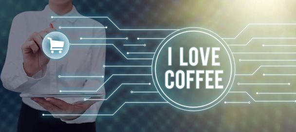 概念的な表示私はコーヒーを愛し,ビジネスアプローチカフェイン中毒と熱い飲み物への愛情 - 写真・画像