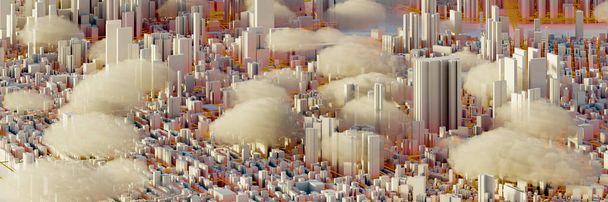 Nuvens dispersas na mega cidade; conceitos de tecnologia urbana e futurista, renderização 3d original - Foto, Imagem