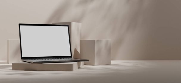 木製のテーブルにノートパソコンとブランクスクリーン。モックアップ3Dレンダリング - 写真・画像