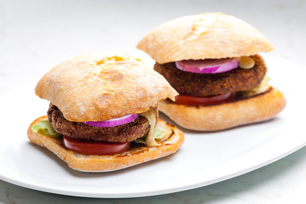 chicken burger with red onion, tomato and lettuce - Zdjęcie, obraz
