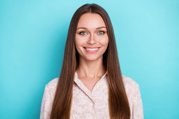 Photo of young attractive pretty perfect smiling girl surprised happy good mood looking you isolated on aquamarine color background. - Fotó, kép