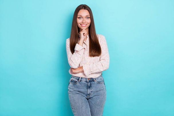 Photo of sweet pretty lovely lady arm touch face dressed trendy outfit clothes visit nice shop boutique isolated on cyan color background. - Valokuva, kuva