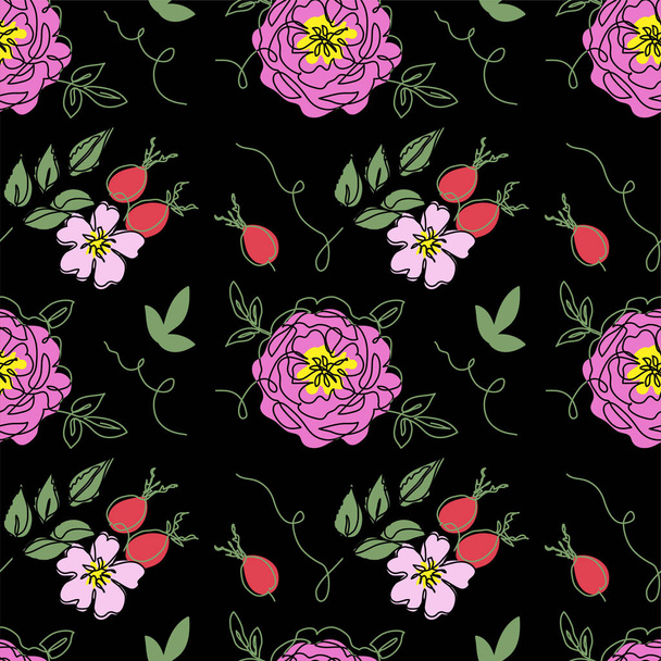 Dog rose, rosehip, briar, rosa canina, wild rose vector seamless pattern on black background. One continuous line art drawing of flowers and berries, dog rose pattern. - Vektör, Görsel
