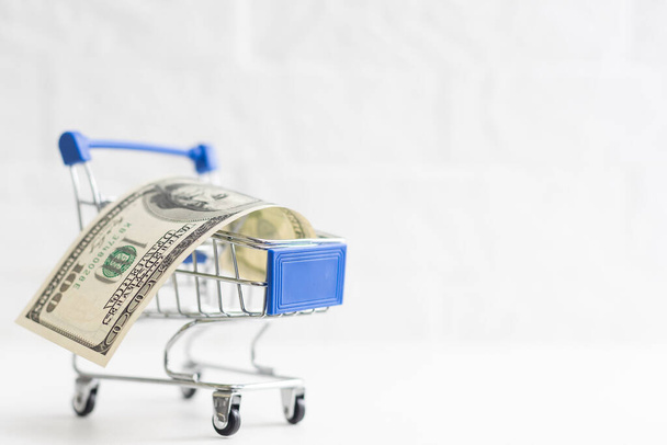 toy shopping cart with dollar banknotes on white - Foto, Imagem