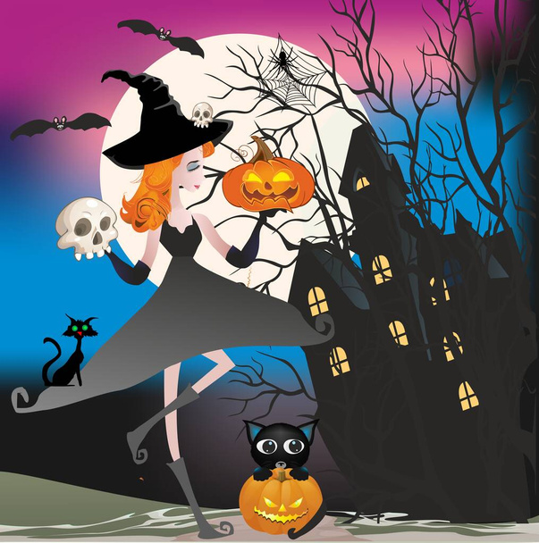 funny composition with a witch, cats and pumpkins for Halloween - Vector, Image