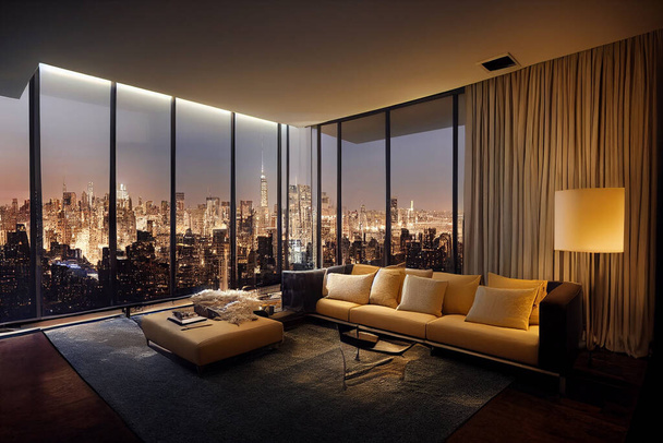 Konzeptkunst Illustration von Luxus-Penthouse-Wohnzimmer Interieur in New York City - Foto, Bild