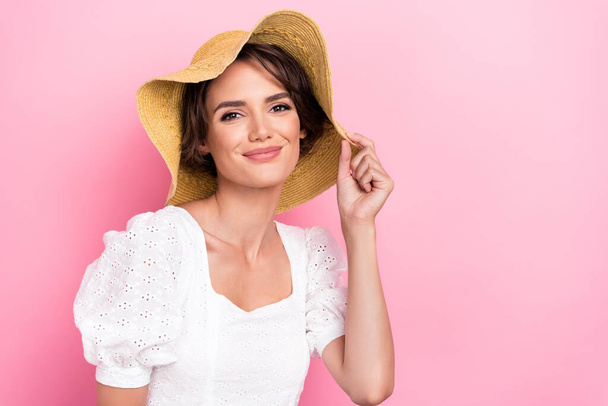 Photo of funky sweet girl dressed white top straw cap smiling empty space isolated pink color background. - Valokuva, kuva