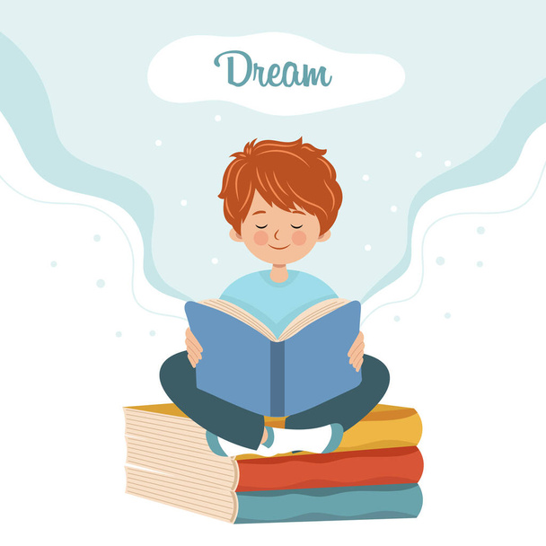 Un garçon mignon avec un livre est assis sur des livres et des rêves. Illustration de bande dessinée, imprimé bébé, vecteur - Vecteur, image