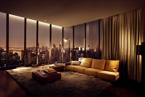 Koncepce umění ilustrace luxusního podkrovního bytu interiér obývacího pokoje v New Yorku - Fotografie, Obrázek