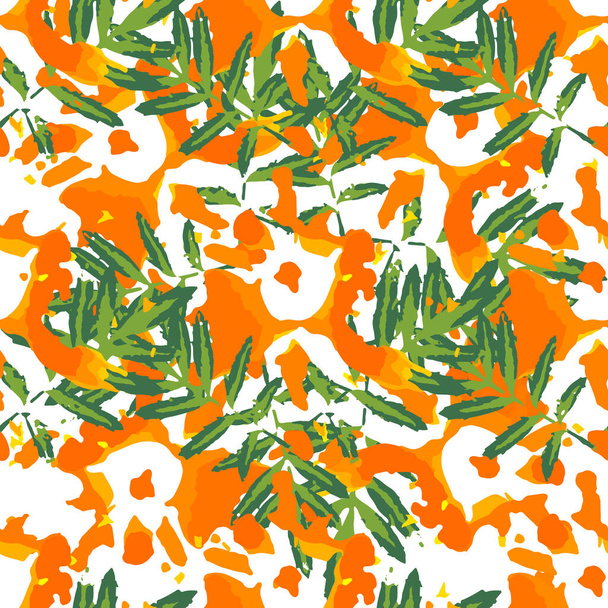 Green marigold leaves and orange flowers prints seamless pattern. Summer floral repeating texture. Handcrafted nature plant decoration for fabric design, wallpapers, wrapping paper and others. EPS8 vector illustration. - Vector, afbeelding