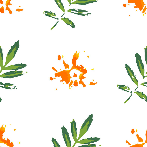 Vihreä kehäkukka lehdet ja oranssi kukat tulostaa saumaton kuvio. Kesä kukka toistuva rakenne. Käsityönä luonto kasvi koristelu kankaan suunnittelu, taustakuvat, käärepaperi ja muut. EPS8-vektorin havainnollistaminen. - Vektori, kuva