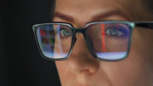 Silmälasipäinen nainen katselee monitoria ja työskentelee kaavioiden ja analytiikan kanssa. Näytön näyttö heijastuu laseista. Yöllä töissä. Äärimmäinen lähikuva. - Materiaali, video