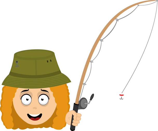 Ilustración vectorial de una mujer pescadora de dibujos animados con un sombrero y una caña de pescar en la mano - Vector, imagen