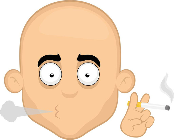 Wektorowa ilustracja twarzy łysego człowieka z kreskówki palącego papierosa w ręku - Wektor, obraz