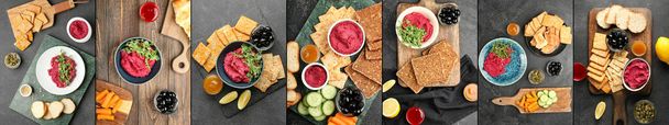 Collage de sabroso hummus de remolacha con snacks sobre fondo oscuro - Foto, imagen