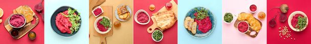 Collage of tasty beetroot hummus with snacks on color background - Photo, Image