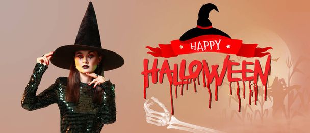 Banner publicitario para fiesta de Halloween con hermosa bruja - Foto, imagen