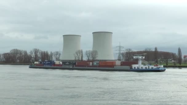 Container ships in front of nuclear power plant Biblis - Footage, Video
