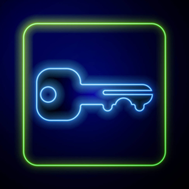 Gloeiende neon House sleutel pictogram geïsoleerd op blauwe achtergrond. Vector. - Vector, afbeelding
