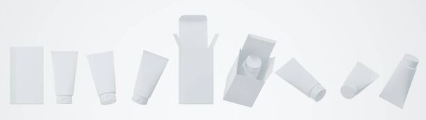 Diferentes vistas del tubo de crema cosmética blanca con caja abierta y cerrada aislada sobre fondo blanco 3D renderizado, embalaje de productos de cuidado y maqueta de marca, plantilla lista para el diseño - Foto, imagen