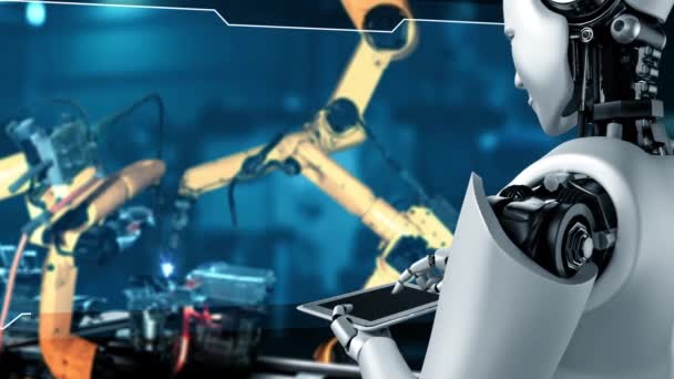 Cybernated industry robot and robotic arms for assembly in factory production . Concept of artificial intelligence for industrial revolution and automation manufacturing process . - Video