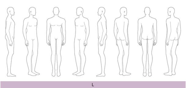 Set of L Size Men Fashion template large 9 head size Croquis Gentlemen model figure front, side, 3-4, back view. Vector isolated sketch outline boy for Fashion Design, Illustration, technical drawing - Vektori, kuva