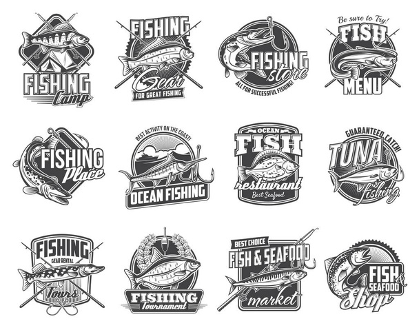 Fish with fisherman tackle isolated icons of vector fishing sport. Bass, marlin, tuna and trout, pike, carp, perch, flounder and catfish badges design with hooks, fishing rods, floats and camp tent - Vector, Image