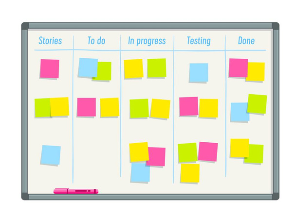 SCRUM task board, sticker notes for work process schedule, vector whiteboard. SCRUM task board for team project or sprint flow methodology, daily agile status and to do plan with memo notes - Vector, Image