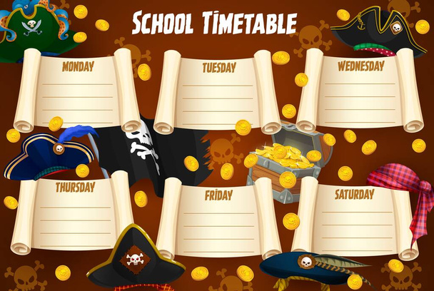 Pirate tricorn, cocked hats, flag and golden chest education timetable. Vector school time table schedule template with cartoon corsair caps and treasure for lessons, weekly planner - Vector, Image
