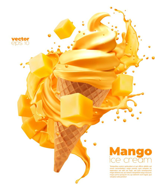 Izolált mangó lágy fagylalt tölcsér fröccsenéssel. Vektor reális sárga jégkrém örvény ostya csésze mártással csöpögő és repülő gyümölcs kockák. Édes krémes desszert. - Vektor, kép