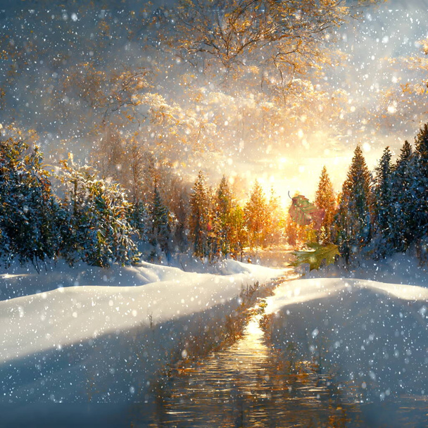 Első hó, Őszi levelek esik, napsütés téli táj havas fák napsugár erdő fák ágak borított hó folyó víz tükröződés természet táj - Fotó, kép