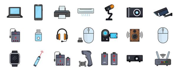 Electronic set icon illustration. contains mobile phone icon, laptop, printer, headphone, air conditioner, camera etc. Lineal color icon style. Simple design editable - Vector, Image