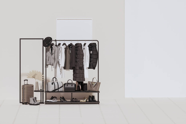 Sammlung von Kleidungsstücken, die auf einem Regal in weißen und schwarzen, braunen Farben hängen. 3D Rendering, Speicher- und Schlafzimmerkonzept - Foto, Bild