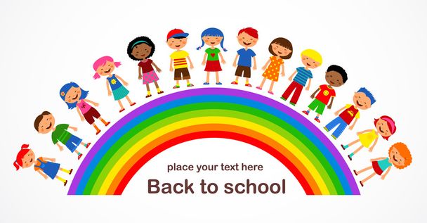 Rainbow with kids, colorful vector illustration - Vector, Image