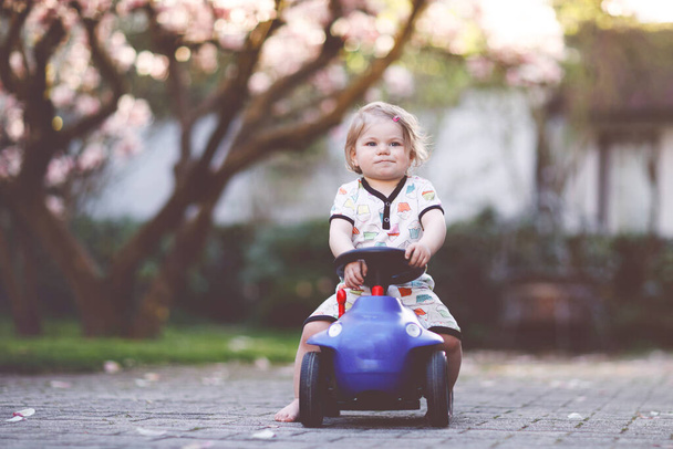 Cute little baby girl playing with blue small toy car in garden of home or nursery. Adorable beautiful toddler child with blossoming magnolia on background. Active game outdoors with children - Foto, Bild