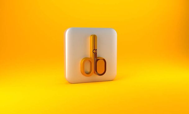 Gold Scissors icon isolated on yellow background. Cutting tool sign. Silver square button. 3D render illustration. - Photo, Image