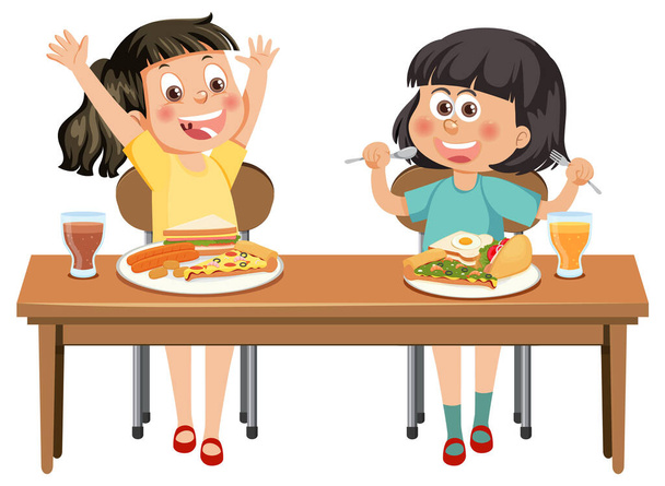 Children having breakfast on the table illustration - Vettoriali, immagini