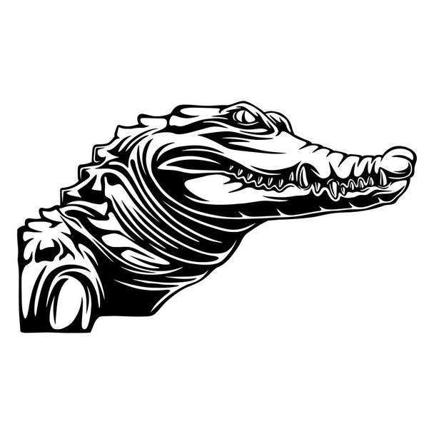 illustration vectorielle Vue latérale du crocodile avec des dents acérées et des yeux traquant sa proie dessin noir et blanc - Vecteur, image